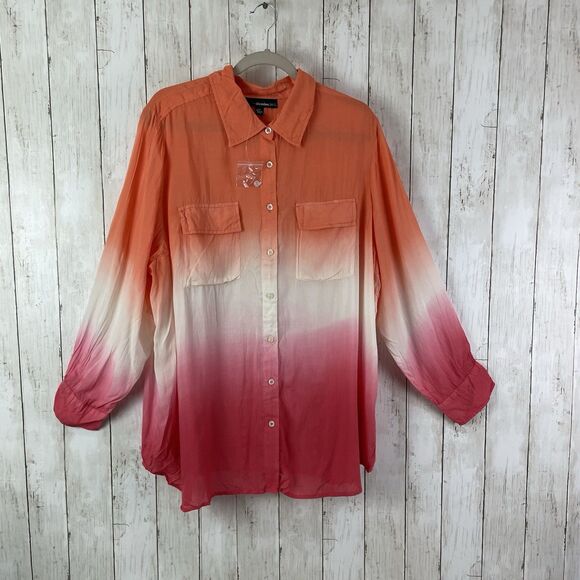 Denim 24/7 Womens Top 22W Ombre Lightweight Pockets Long Sleeve Orange Pink - Picture 1 of 8